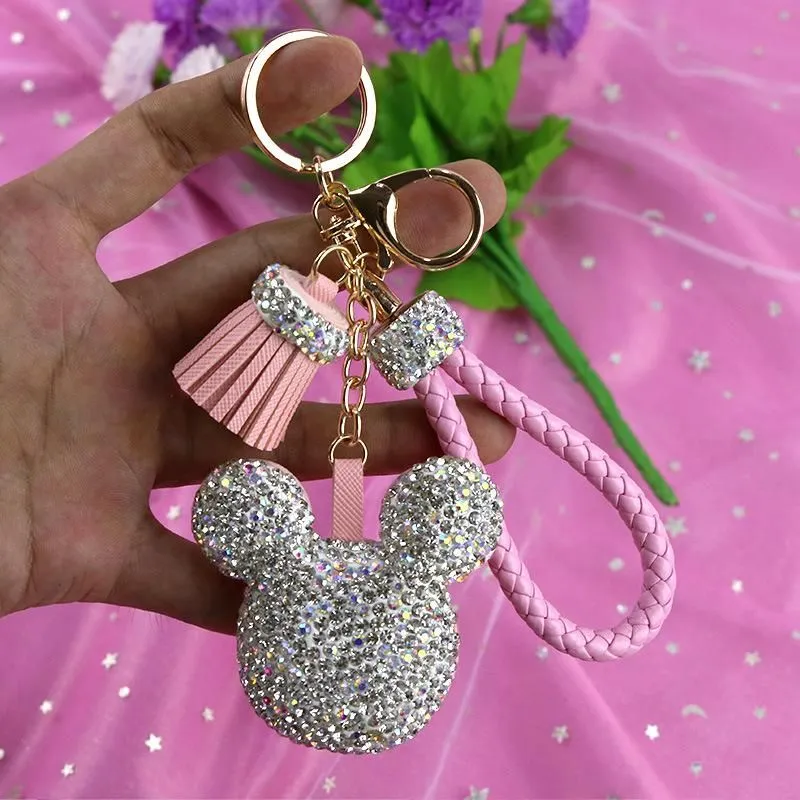 Women Rhinestone Key Chain Korea Cute Bling Mouse Keychain Pendant Female Car Key Ring Tassel Hanging Bag Charm Pendant Gift for Girls