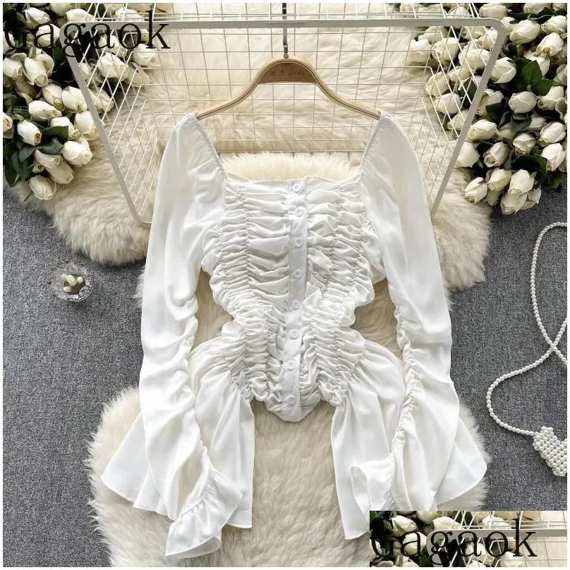 Women`s Blouses Gagaok 2024 Early Spring Chiffon Shirt Women Design Pleated Slim Ruffles French Vintage Square Neck Top