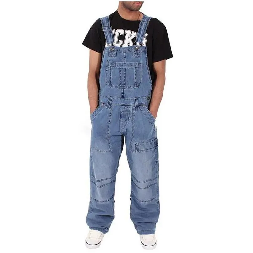 Men`S Jeans Mens 2021 Men One Piece Fl Length Suspender Pants Casual Loose Wide Leg Slim Pocket Overalls Denim Jumpsuits Ripped Drop Dhnjl