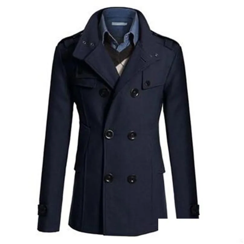 Men`S Wool & Blends Mens England Vintage Coat For Men Slim Jacket Outerwear Double Breasted Cotton Trench Winter Thick Overcoat Drop D Dhi4M