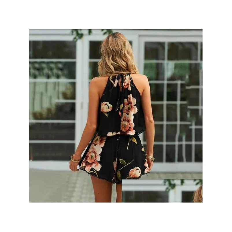 Women`S Jumpsuits & Rompers Womens Y Women Summer Casual Panelled Flower Printed Halter Sleeveless Short Club Suit Drop Delivery Appa Dhp94
