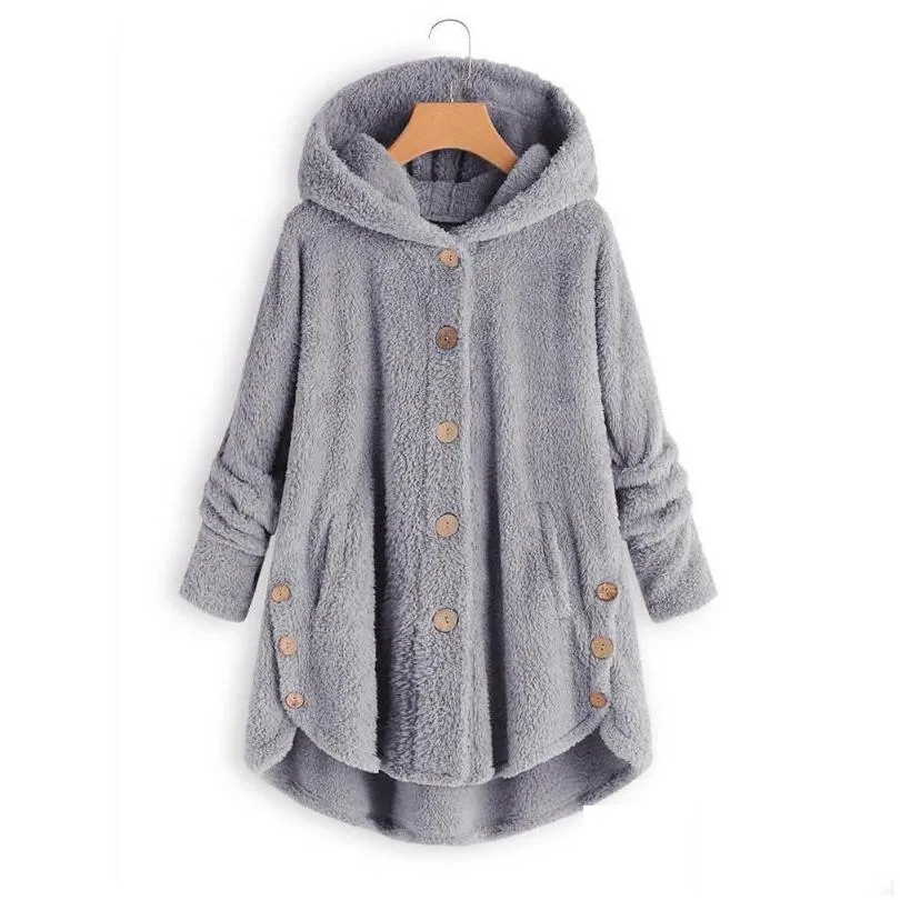 Women`S Trench Coats Womens Women Fluffy Coat Winter Casual Loose Solid Button Fleece Hooded Teddy Bear Female Cute Warm Soft Plus Siz Dhhgj