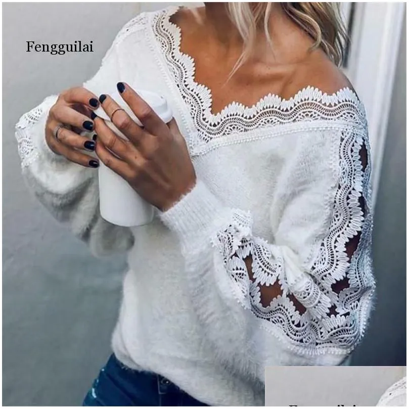 Women`S Sweaters Ladies Y Sweater Women V-Neck Lace Plover Long Sleeve Solid White Jumper Warm Winter Autumn Latest Drop Delivery App Dhwvq
