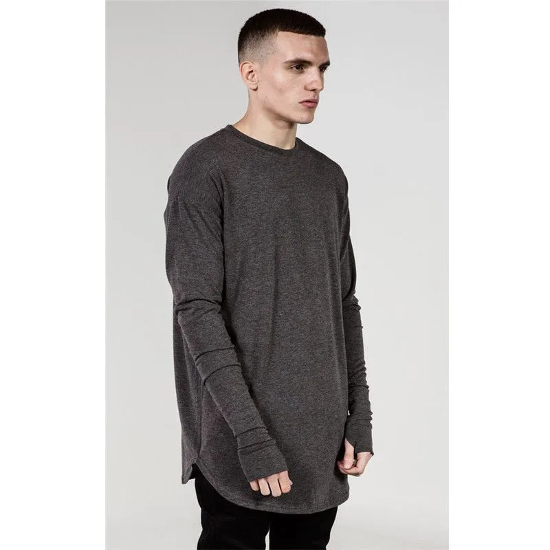 Wholesale- Fashion Mens Extended Tee Long Sleeve Oversized Hip Hop Black White Grey Wool Tshirt Plus Size For Men Big and Tall