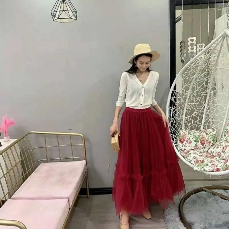 Skirts 2024 Summer Tutu Tulle Skirt Vintage Midi Pleated Soft Mesh Womens Lolita Bridesmaid Wedding Faldas Mujer Saias Jupe