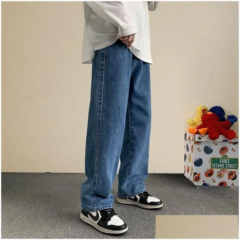 Men`S Jeans Mens Autumn Streetwear Baggy Korean Fashion Loose Straight Wide Leg Pants Male Brand Clothing Black Light Blue Drop Deliv Dhl02