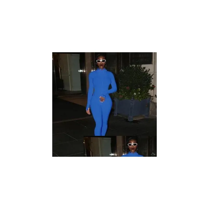 Women`S Jumpsuits & Rompers Womens Women Jumpsuit Turtleneck Knit Rib Bodycon Embroidery Lucky Label Long Sleeve Zipper Fitness Drop Dhv7P