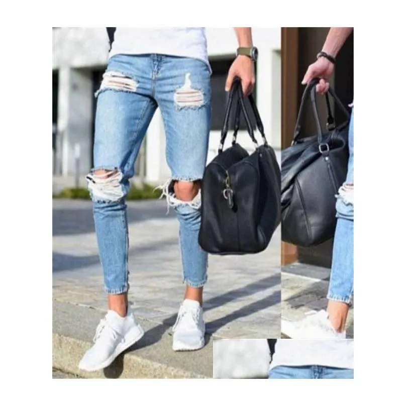 Men`S Jeans Mens Blue Denim Ripped Slim Fit Tight Light Color Hole Male Skinny Pencil Pants Casual Trousers With Zippers Drop Deliver Dhpda