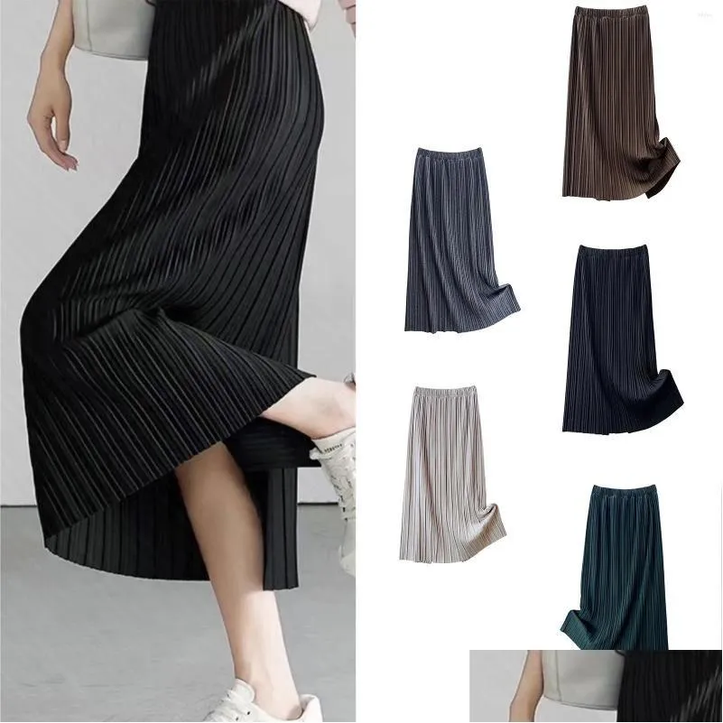 Skirts Women`s Temperament Pit Stripe Pleated Half Body Skirt Solid Colour Casual Long Versatile Slim Package Hip Straight