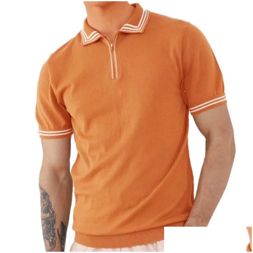 Men`S Polos Mens S Orange Shirt Business Male Turn-Down Shirts Summer Striped Slim Tops Plover Men Casual Button Design Short Sleeve D Dhft0