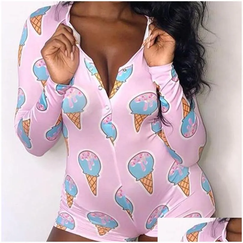 Women`S Jumpsuits & Rompers Womens Jumpsuit Print Bodycon Fashion Y Long Sleeve Stretchy Slim Fit Bodysuit Casual Home Wear V Neck Cl Dh5E2
