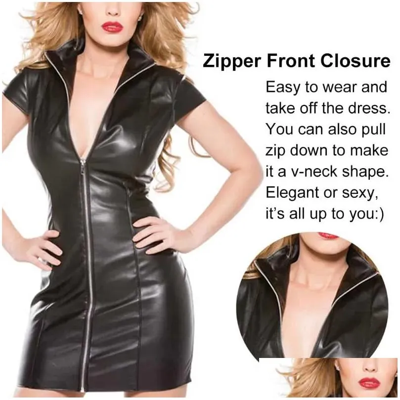 Basic & Casual Dresses Ladies Black Pu Leather Dress Elegant Women Vinyl Bodycon Mini Zipper Open Wetlook Latex Clubwear Party Vestid Dhg9Y