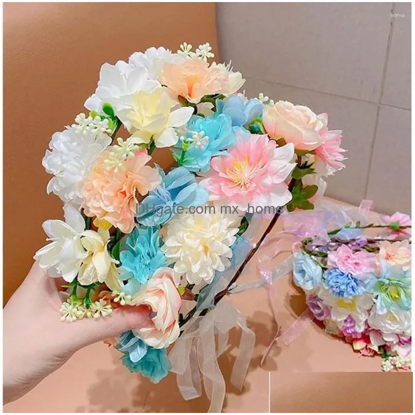 Hair Accessories Bride Flower Crown Hairband Rope Wedding Floral Headband Garland Girl Wreath Elastic Party Cosplay Headpiece Drop D Dh7Fp