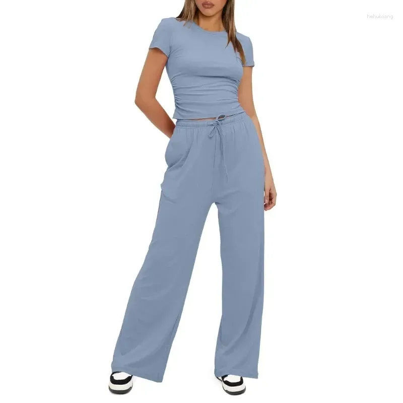 Women`s Two Piece Pants Modern Women 2 Set Breathable Crop Top And Wide Leg Simple Short Sleeve High Waist Trousers With Pockets
