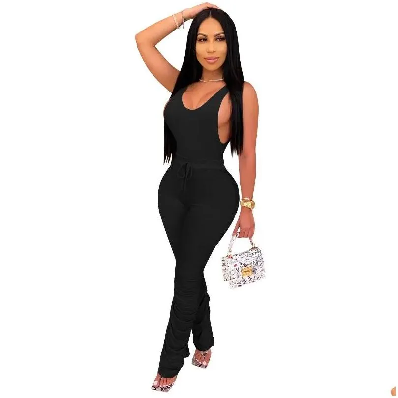 Women`S Tracksuits Cutubly Solid 2 Two Piece Set Sleeveless Women Outfits Sets Lace Up Casual Woman O-Neck Y Female Sport Pants Suit Dhtyz