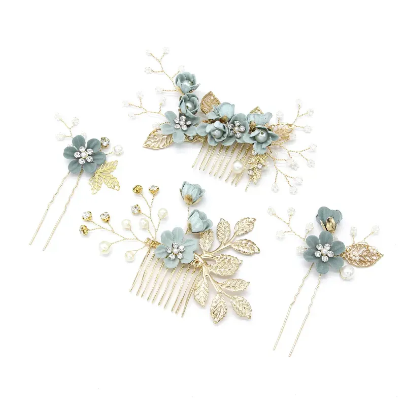 Hair Clips Bridal Headdress Light Blue Pink And White Flower Comb Hairpin Wedding Dress Ladies Accessories Headdress.