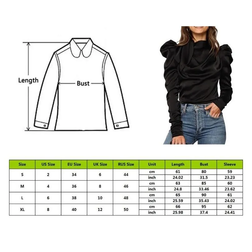 Women`S Blouses & Shirts Womens Satin Tops Stand Collar Long Puff Sleeve Outwear Shirt Blouse Pleated Spring Solid Color Bow 2021 Dro Dh7El