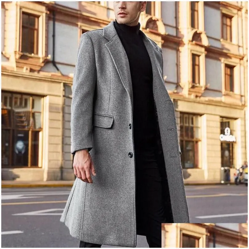 Men`S Wool & Blends Mens Fashion Single Breasted Long Coat Men Thicken British Style Solid Color Fashionable Warm Woolen Overcoat 3 Dr Dhtb2