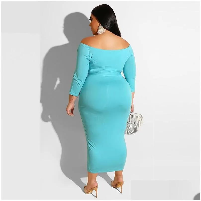 Basic & Casual Dresses Summer Fall Solid Plus Size Women Dress Slash Neck Long Sleeves Stretchy Mid Calf Bodycon For Party Nightclub Dh8G3