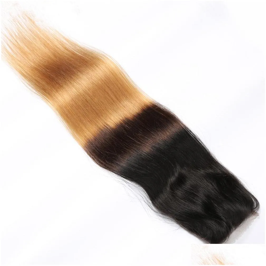 1B 4 27 Honey Blonde Ombre Brazilian Human Hair Straight Weaves with Closure Three Tone Colored 4x4 Front Lace Closure with