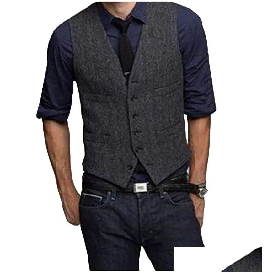 Men`S Vests Mens Suit Vest V Neck Herringbone Slim Fit Formal Green/Black/Brown Business Single-Breasted Waistcoat Groomman For Drop D Dhikr