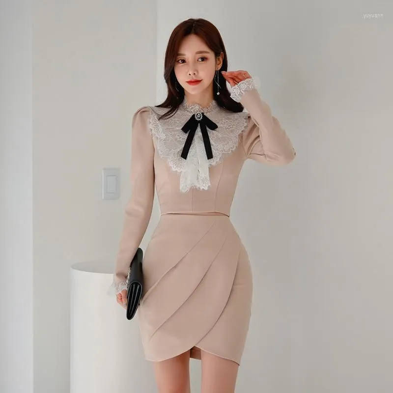 Work Dresses 2023 Korean Style Women Skirt 2 Piece Set Elegant Lace Neck Bow Long Sleeve Top High Waist Blossom Two Outfits