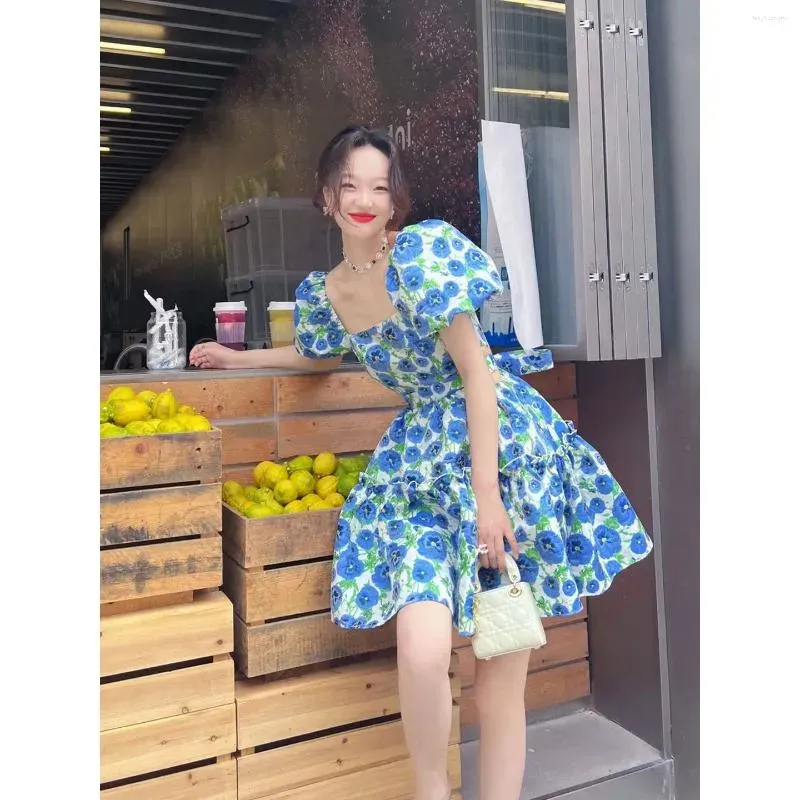 Party Dresses Blue Floral Square Collar Bubble Sleeve Dress Female Summer Design Sense Niche Bare Waist Sexy Skirt Women