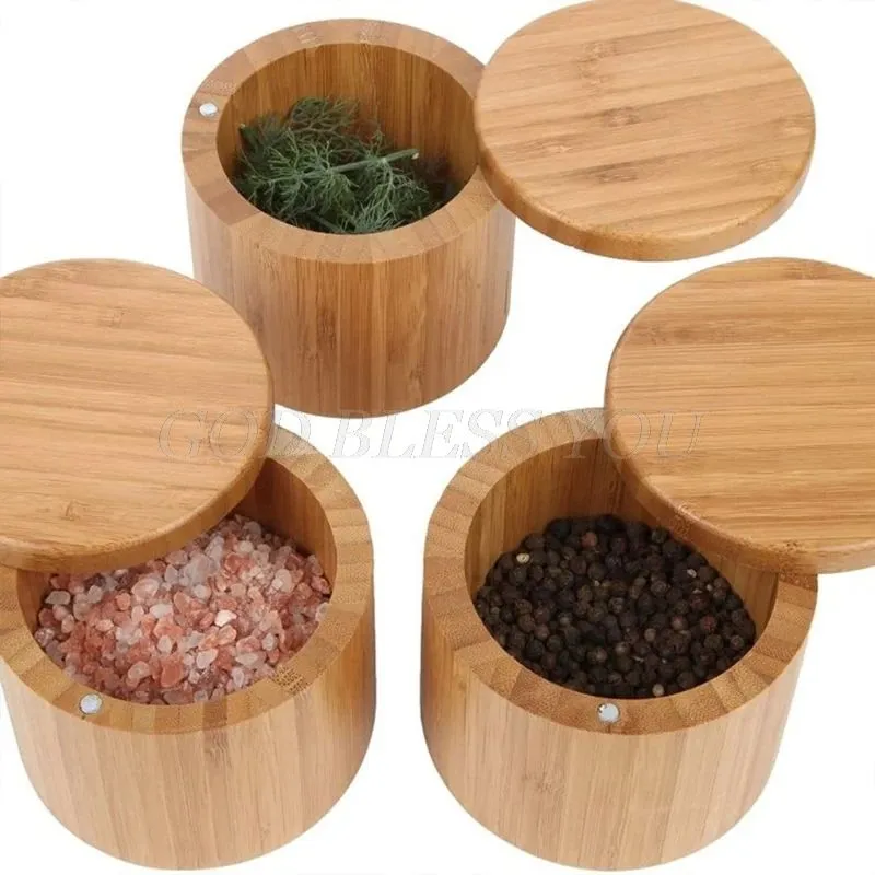 Jars Bamboo Seasonings Box with Lid Pepper Spice Cellars Salt Sugar Storage Container Case for Kitchen Pot Round Jar Drop Shipping