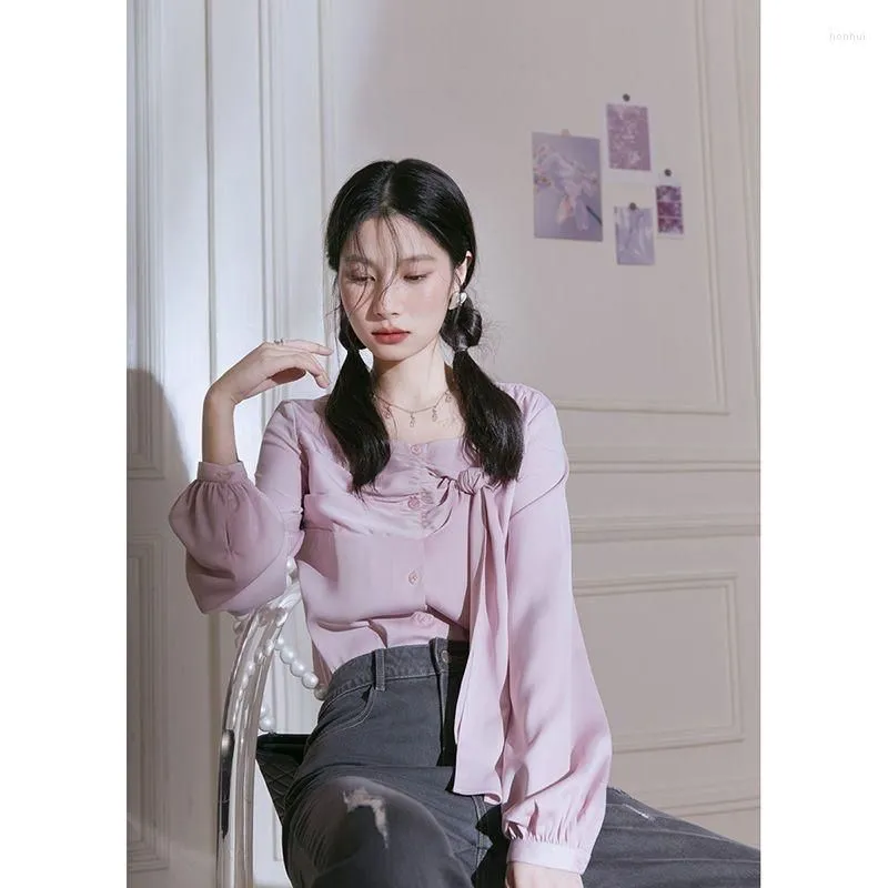 Women`s Blouses Pink Chest Silk Women`s Autumn Dress Design Sense Small Crowd Lantern Sleeve Lace Blusas Clothes For Women Blouse