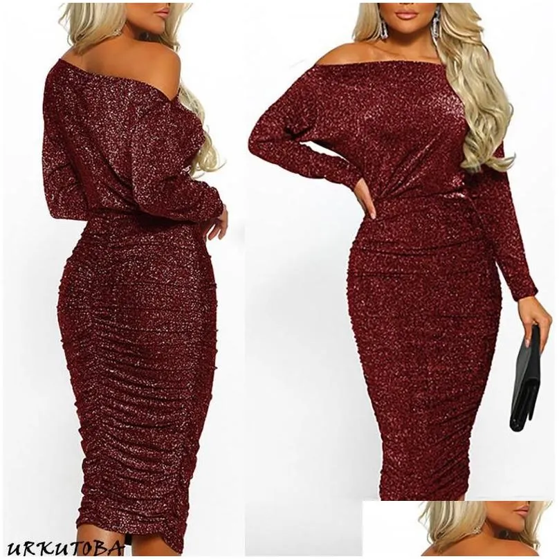 Basic & Casual Dresses Arrival Y Solid Off Shoder Slim Elegant Women Boat Neck Glitter Bodycon Dress Evening Party Formal Drop Delive Dhu8Y