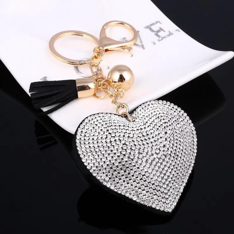 Heart Keychain Leather Tassel Key Holder Fashion Metal Crystal Rhinestone Key Chain Keyring Charm Bag Auto Pendant Gift Wholesale