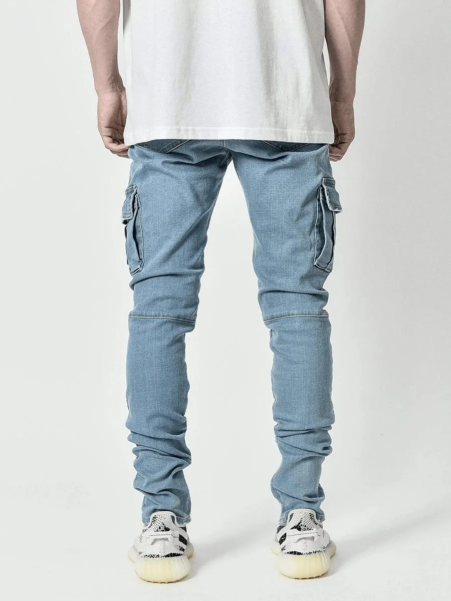 Men`s Multi Pocket Cargo Jeans Casual Cotton Denim Trousers Fashion Pencil Pants Side Pockets