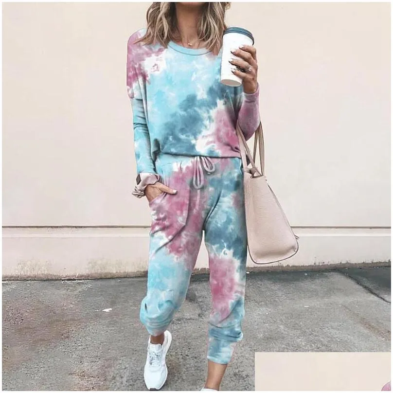 Women`S Two Piece Pants Womens Autumn Tracksuit Set Tie Dye Sets Female Casual Outfits Joggers Sportsuit Loose Sweatpants Matching Pl Dhder