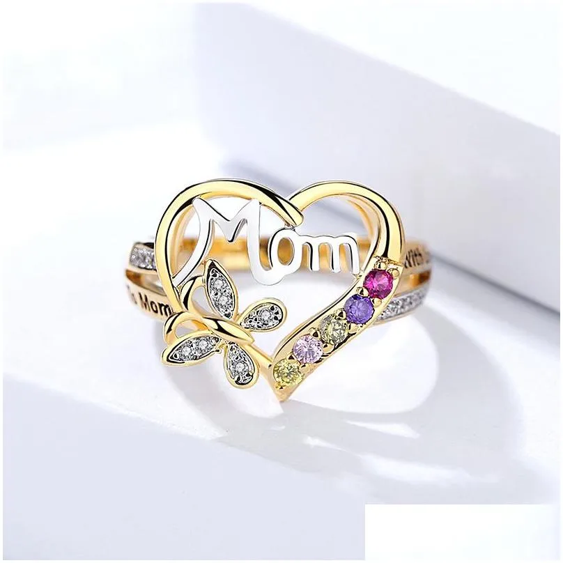 With Side Stones Selling Elegant Gold Filled Mom Ring Colorf Crystal Love Heart Mothers Day Drop Delivery Jewelry Dhkzc