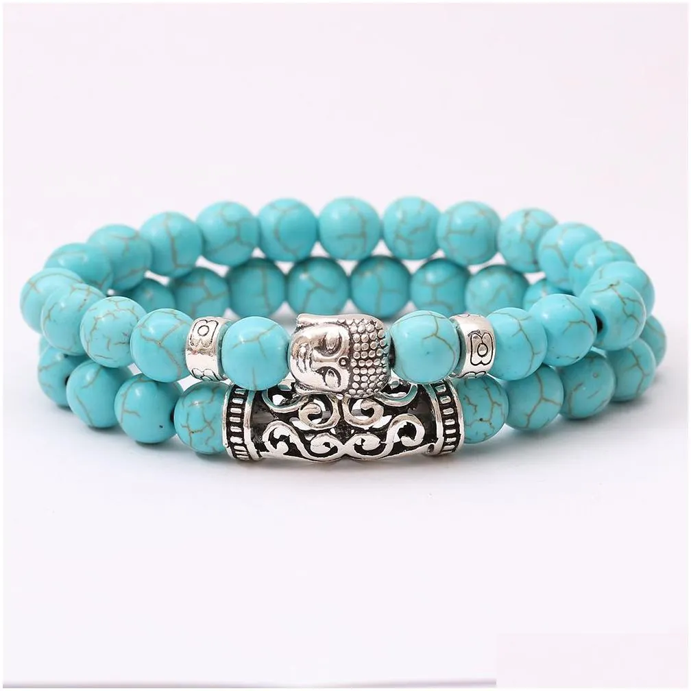 Identification Natural Gemstone Turquoise Volcanic Rocks Tigerss Eye Bead Bracelet Men Womens Double Layer Buddha Charms Stackable Je Dhj2W