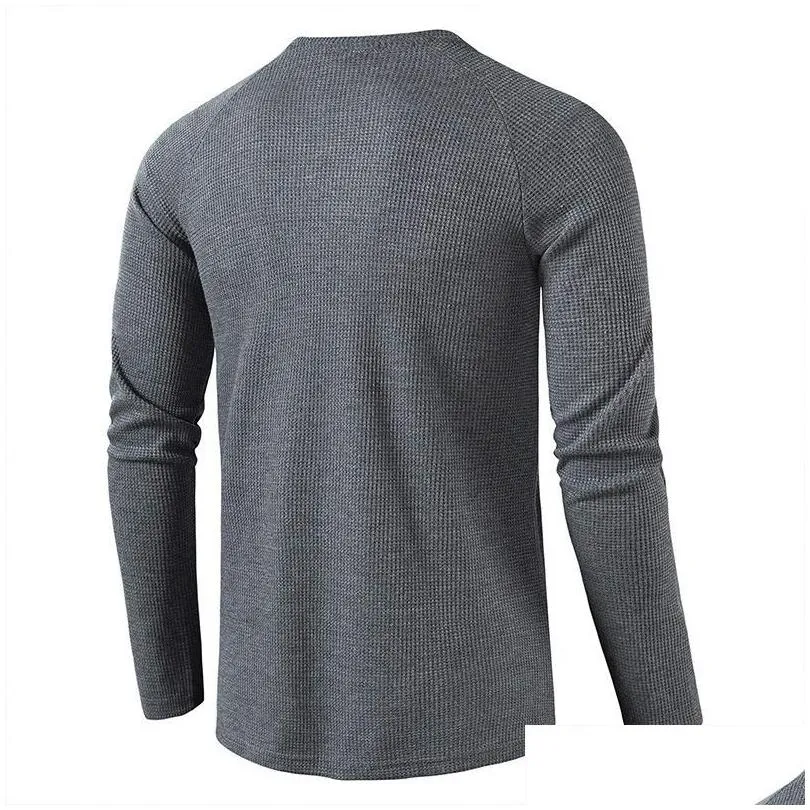 Men`S T-Shirts Mens 21420 Fashion Fine Plaid Long Sleeves Soft Us Size S-2Xl Solid Color Round Neck Casual Fitness Men Gray Tops Plove Dhth1