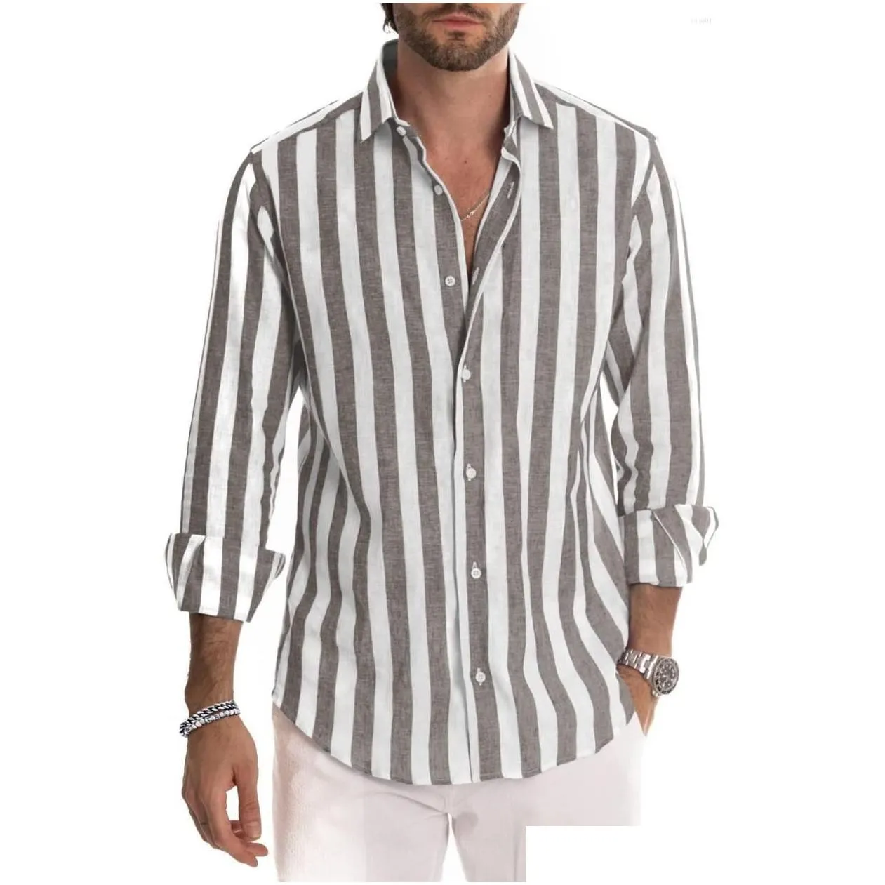 Men`S Casual Shirts Mens Black Loose Fit Top Men Fashio Long Striped Vertical Button Sleeve Dress Down Romper Drop Delivery Apparel C Dhgpk