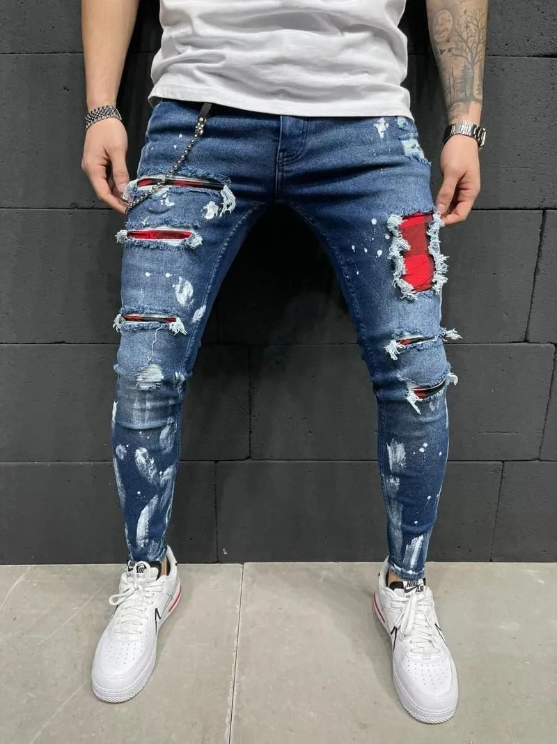 Men Slim-Fit Ripped Male Jeans Painted Fashion Patch Beggar Pants Jumbo Mens Pencil Hip Hop Drop