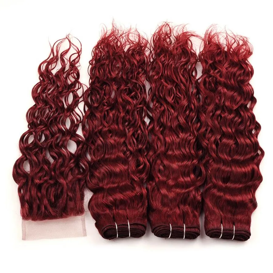 99J Burgundy Malaysian Water Wave Human Hair 3 Bundles With 4x4 Lace Closure 4Pcs Wine Red Mink Wet and Wavy Virgin Hair Weave8226779