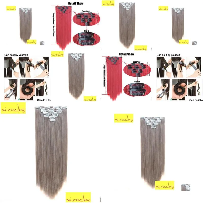 qjz13055 1p Xi.rocks Clip Hair Extensions Synthetic Extension Colors Straight Clips ins Heat Resistant Hair 2102171788778