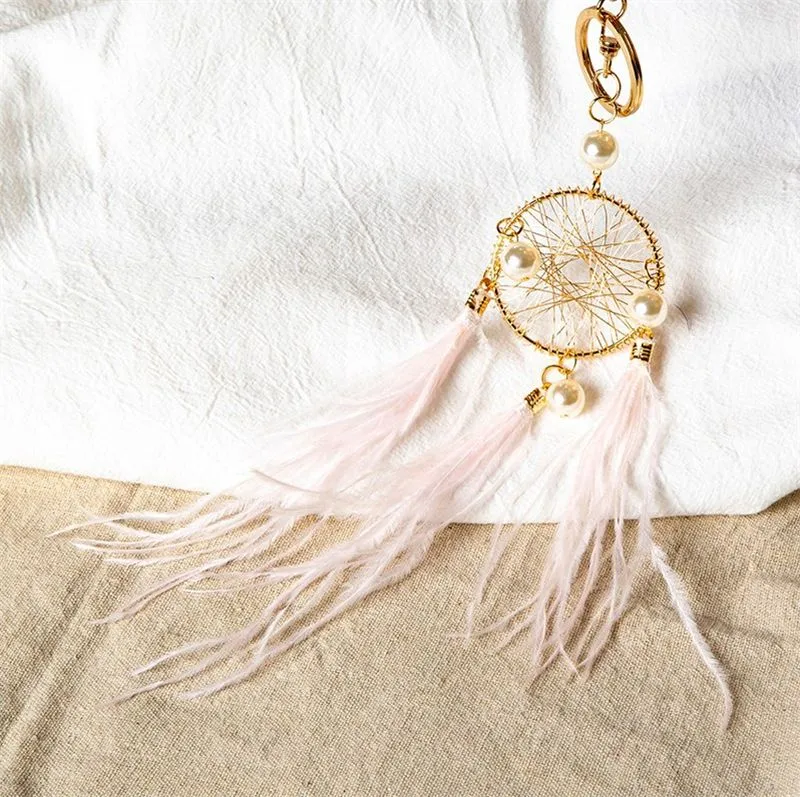 Pearl Feather Key Chains Holder Dreamcatcher Pendants Car Keychain Keyrings for Girls Women Bag Hanging Fashion Charm Key Rings