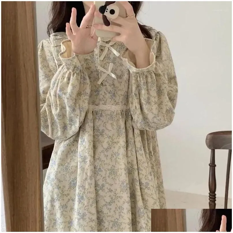 Women`S Sleepwear Womens Floral Print Nightgown Korean Vintage Ruffles Night Dress One Piece Pajamas Spring Long Sleeve Bow Home Wear Dhxjq