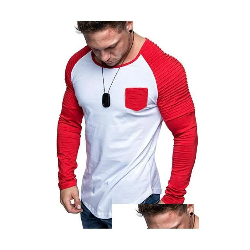 Men`S T-Shirts Mens 5 Colors T Shirts European And American Style Long-Sleeved Three-Nsional Striped Color Matching Pockets Slim Fit D Dhlnz