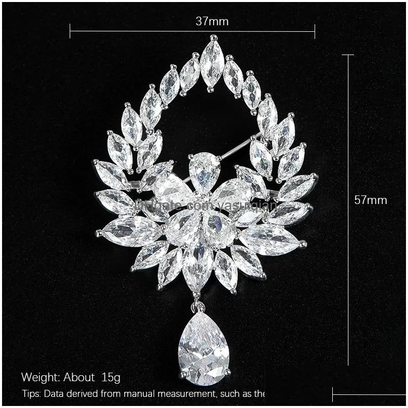 Pins, Brooches Fashion Large Crystal Teardrop Sier Color Brooch Pin For Women Wedding Bouquets Luxury Collar Accessories Jewelry Gift Dh3Dp