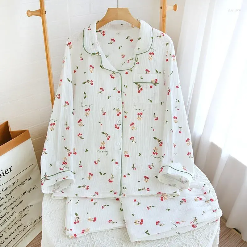 Women`s Sleepwear 2023 Pajamas Autumn Spring Long Sleeve Soft Set Cherry Print Pyjama Woman Home Nightwear Cardigan