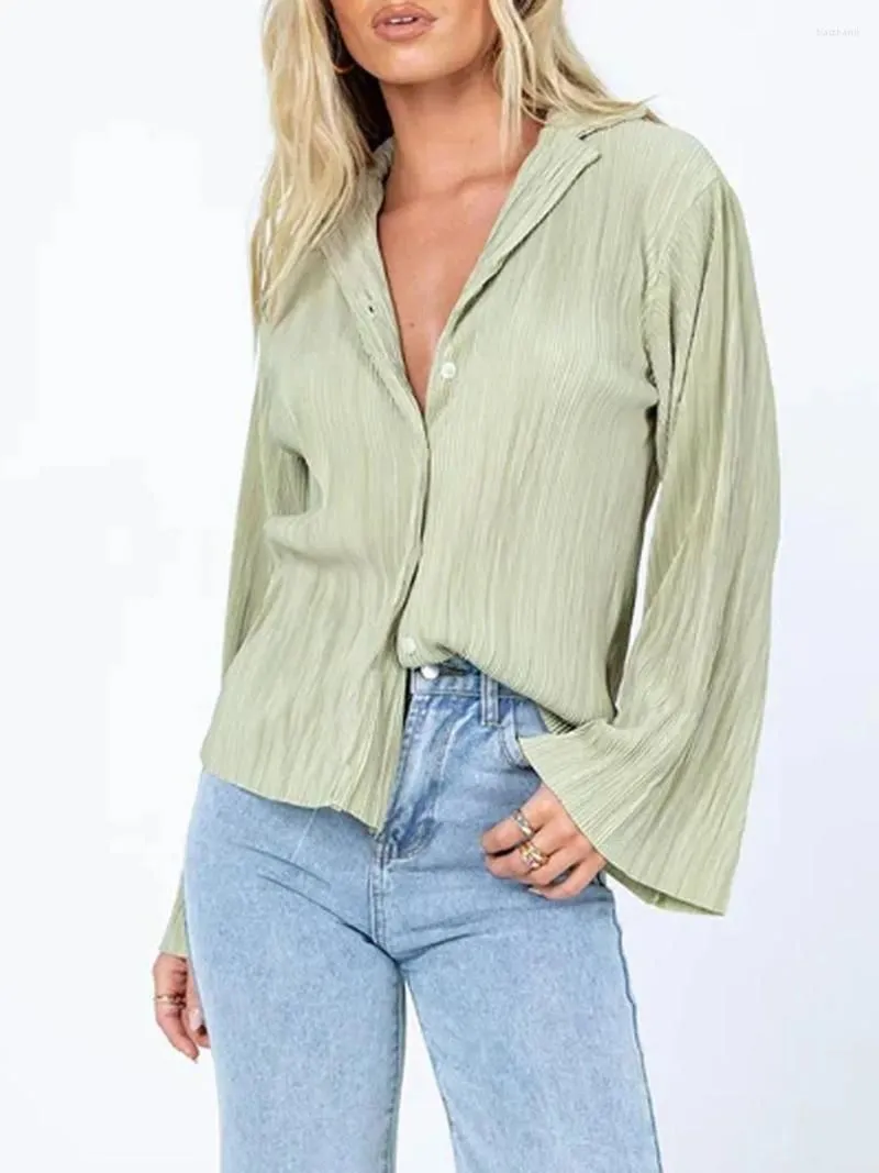 Women`s Blouses Women Casual Blouse Solid Long Sleeve Button Down V Neck Open Front Lapel Shirt Tops Loose Fit Streetwear