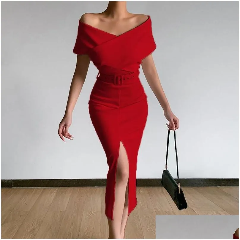 Basic & Casual Dresses Off Shoder Bodycon Women 2022 Summer Slim Long Split Dress Ladies Vintage Party With Belt Drop Delivery Appare Dhnt7