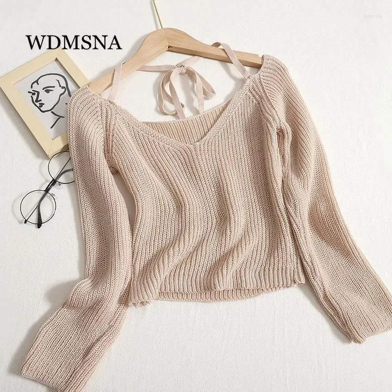 Women`s Sweaters WDMSNA Sexy V-neck Halter Lace Up Sweater Womens Long Sleeve Knitted 2023 Autumn Slim Sueter Mujer Crop Top Women