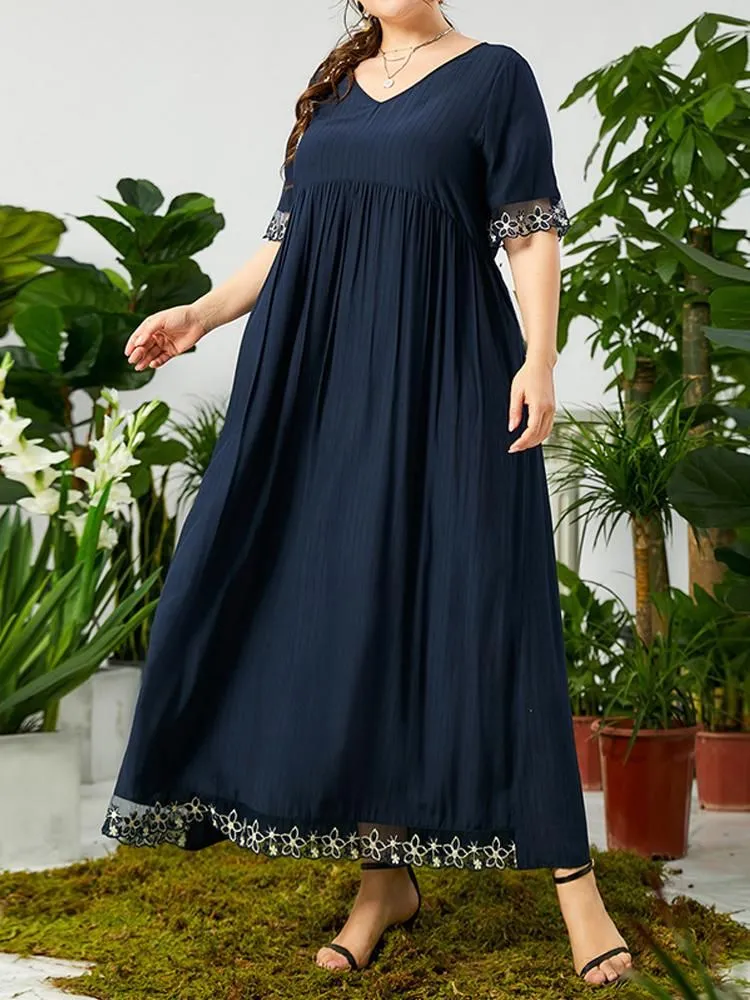 Plus Size Dresses Loose Summer Woman 2022 V Neck Short Sleeve Embroidery Floral Patchwork Elegant Maxi Long DressPlus