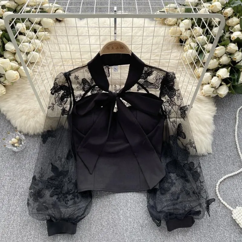 Women`s Blouses Elegant Embroidery Mesh Long Sleeve Blouse Chic Vintage Korean Fashion Crop Top Women Autumn Shirts Gothic Clothing